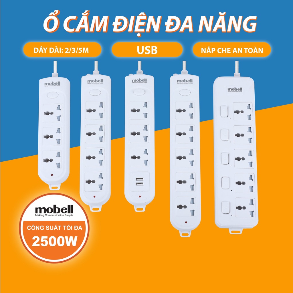 Ổ Cắm Điện Đa Năng Mobell Có USB 2m/3m/5m Có Công Tắc Chịu Nhiệt Cao 750 Độ C 2500W