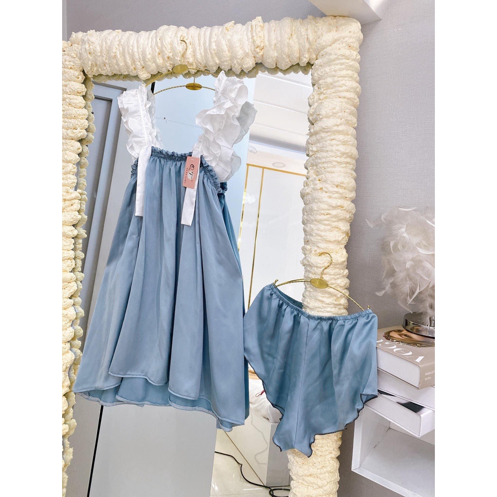 Đầm Ngủ 2 Dây Nhún Bèo Bigsize Lụa Lantin tặng kèm quần đùi