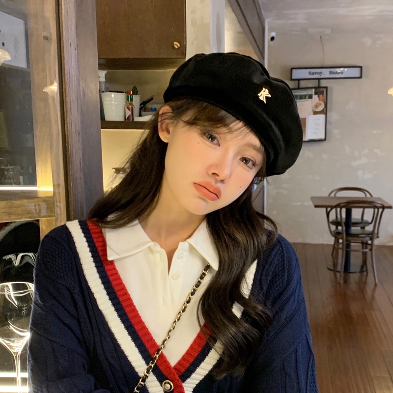 Mũ Beret Năm 2021 Phong Cách Hàn Quốc Màu Đen Bằng Vải Nhung Thời Trang Thu Đông Cho Nữ