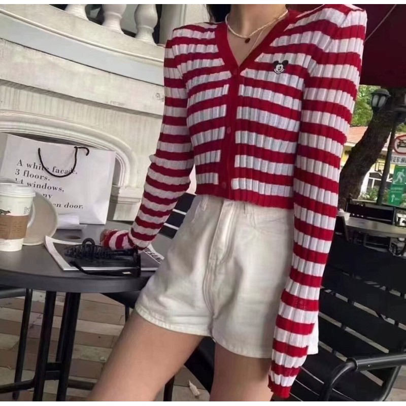 Áo len cardigan dáng croptop Gucci GC hàng cao cấp cổ chữ V siêu xinh kẻ ngang