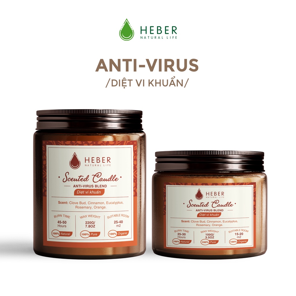 Nến Thơm Diệt Vi Khuẩn- Anti-Virus Scented Candle Heber Natural Life Thiên Nhiên Cao Cấp Thơm Phòng Thư Giãn 100g &amp; 200g