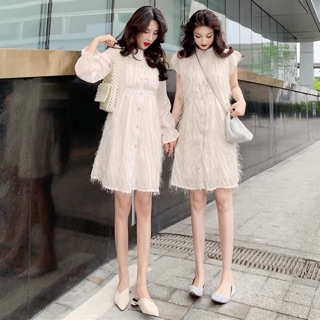 Váy bạn thân trắng be có lông