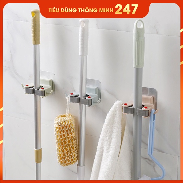 [ HCM ] Kẹp Giữ Cây Lau Nhà Kèm 2 Móc Phụ Treo Đồ - Móc Treo Chổi, Treo Ô, Đồ Dùng