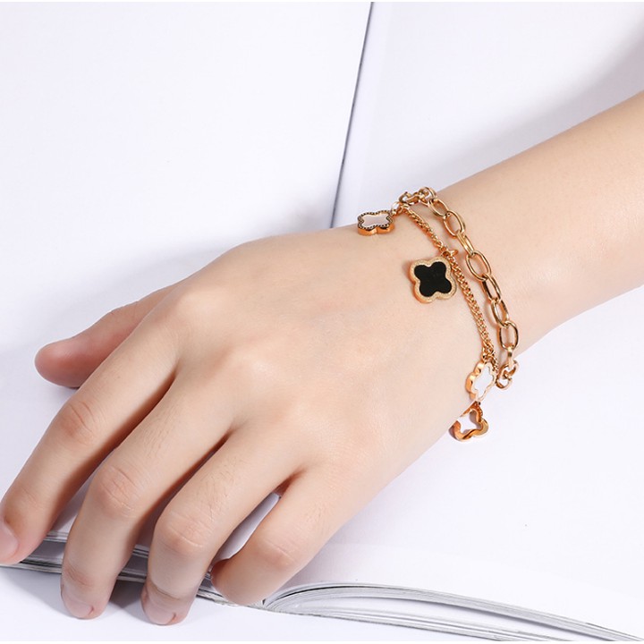 Lắc tay nữ titan cao cấp kiểu xích 2 tầng rớt hoa 4 cánh siêu đẹp, bền màu, hợp thời trang, dễ phối đồ