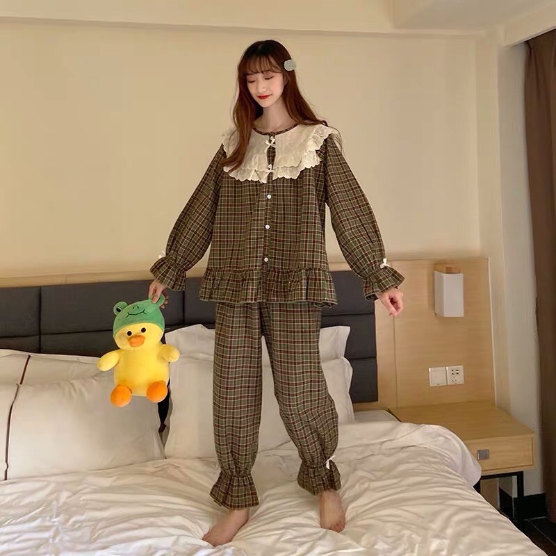 Bộ đồ ngủ pijama cổ bèo tay nhún phong cách bánh bèo ulzzang hàn quốc