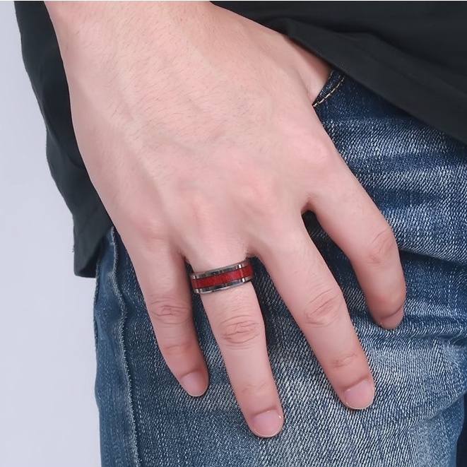 Nhẫn nam nữ tròn Loki Accessories màu bạc thời trang chất Titan đẹp đơn giản không gỉ - Nhẫn Red Wood