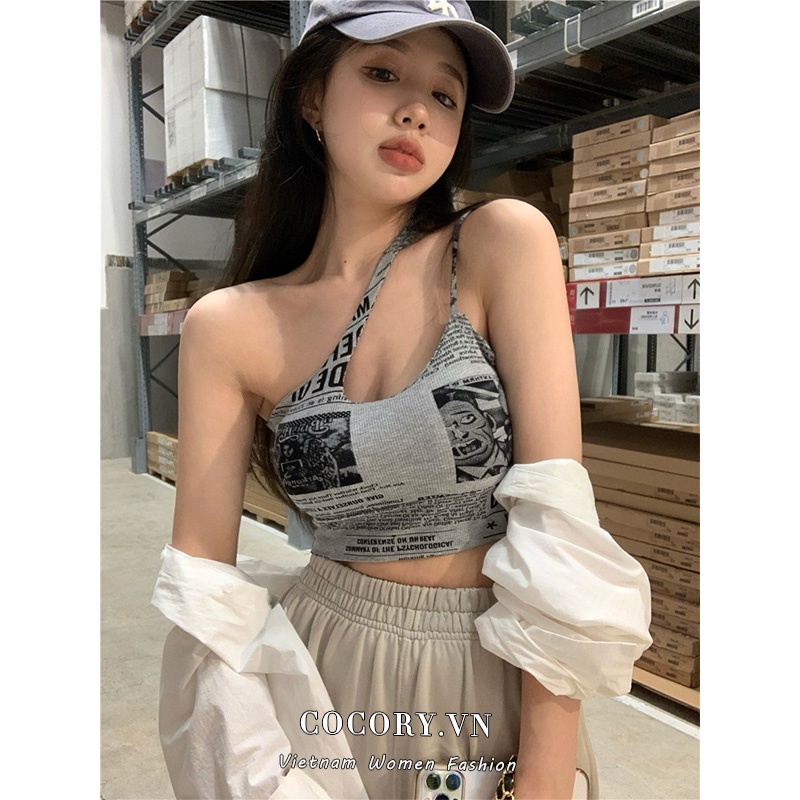 Cocory vn Áo Hai Dây Croptop In Họa Tiết Tờ Báo Thời Trang Quyến Rũ Cho Nữ