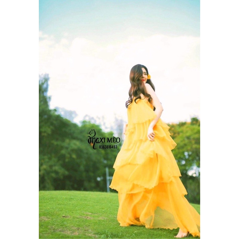 Đầm maxi yếm xích hở lưng 5 tầng du lịch đi biển (Ảnh thật trãi sàn) | BigBuy360 - bigbuy360.vn