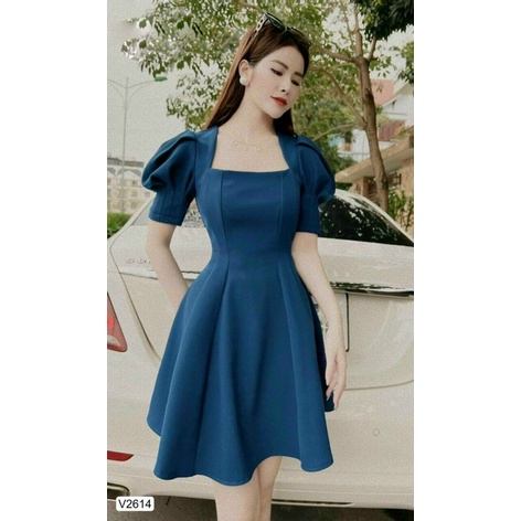 Đầm Xoè Xanh Tay Xếp Li Cách Điệu