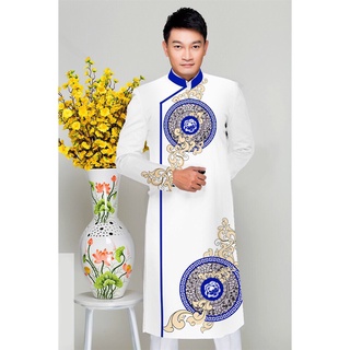 ÁO DÀI NAM CÁCH TÂN MÀU TRẮNG IN HỌA TIẾT - CÓ ẢNH THẬT