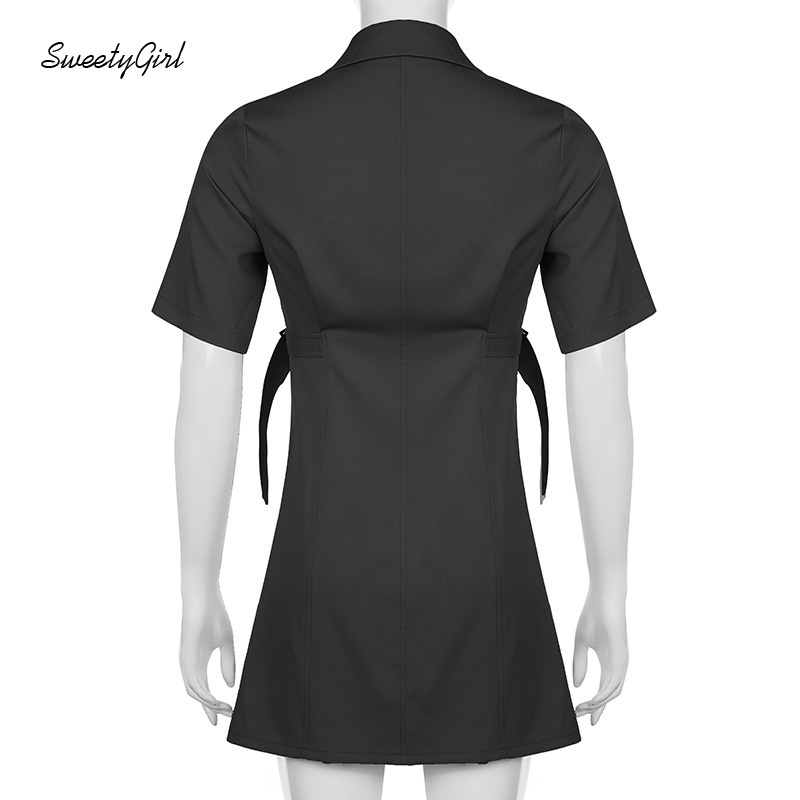 Đầm Tay Ngắn Cổ Bẻ Cài Nút Màu Trơn Eo Cao 2022 Thời Trang Cho Nữ