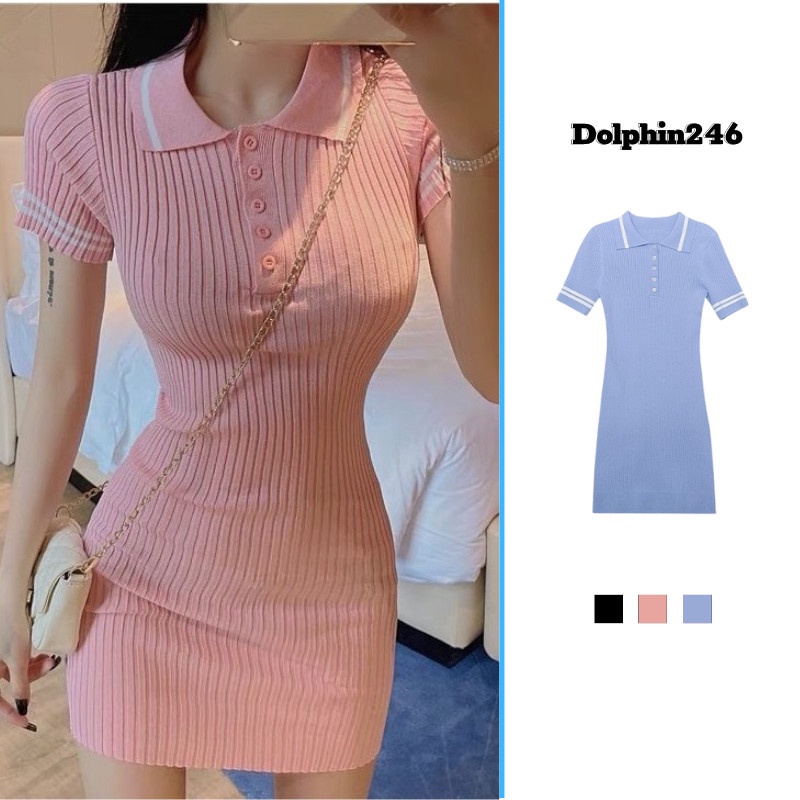 Váy body đầm dáng ôm dài sexy cổ đức trơn polo cổ v ulzzang Hàn quốc  S5T5-1