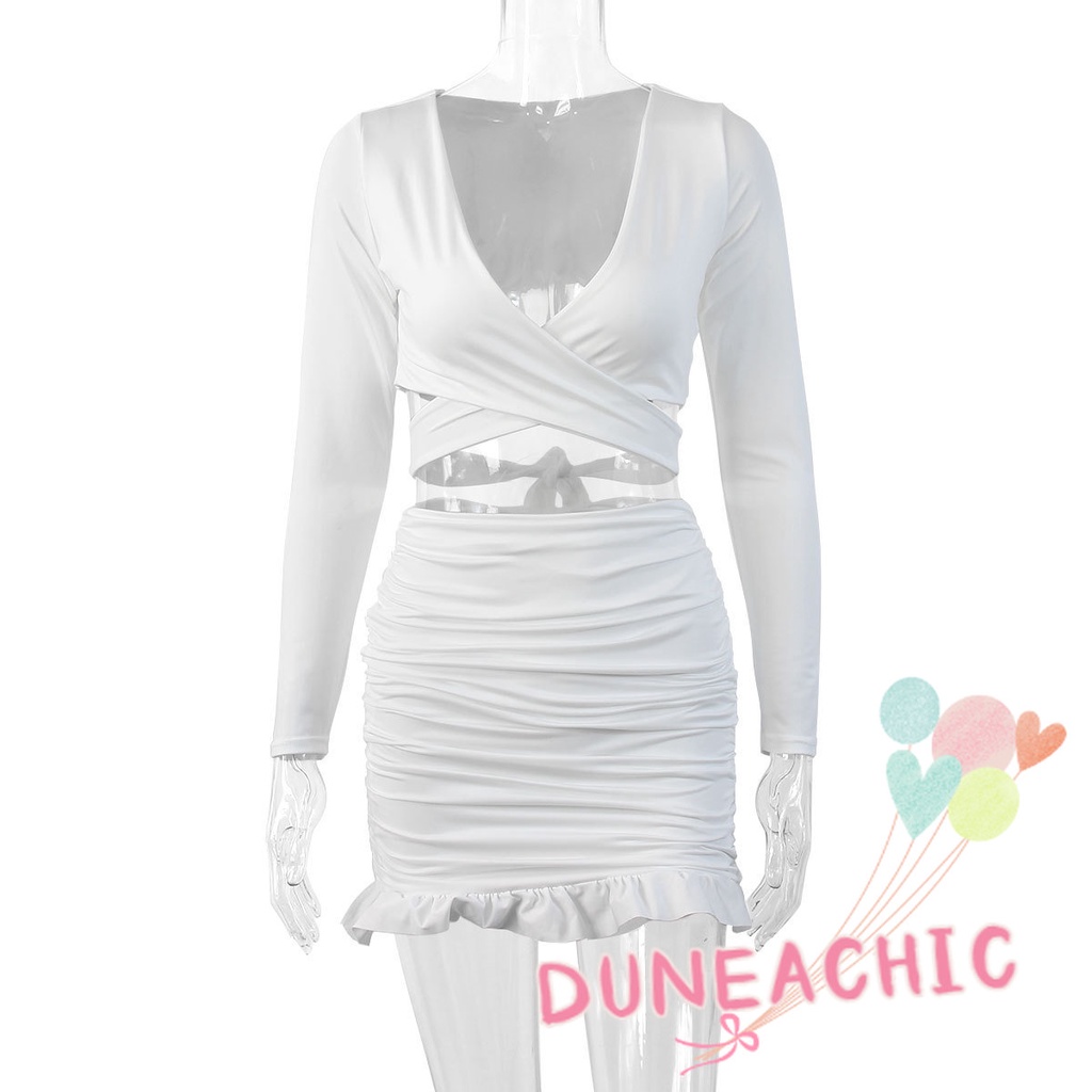 DUNEA Set Áo Croptop Cổ Chữ V + Chân Váy Bèo Nhún Quyến Rũ Cho Nữ