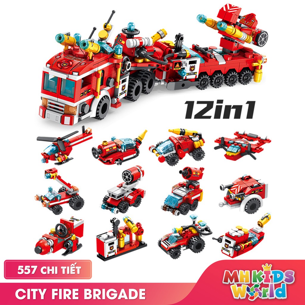 Bộ lắp ghép kiểu LEGO 12 in 1 mô hình CITY Fire Brigade, bộ ghép hình cho trẻ phát triển tính sáng tạo