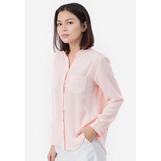  Áo Sơ Mi Nữ Cổ Trụ Tay Dài Phối Túi