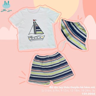 Set quần áo kèm mũ Little love, bộ quần đùi áo cộc tay họa tiết thêu thuyền