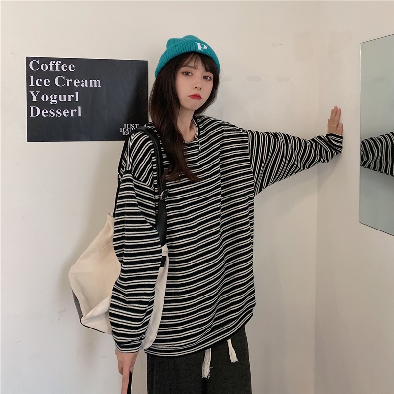 Áo Thun Nữ Tay Dài Kẻ Sọc Ngang Thời Trang Hàn Quốc Xinh Xắn