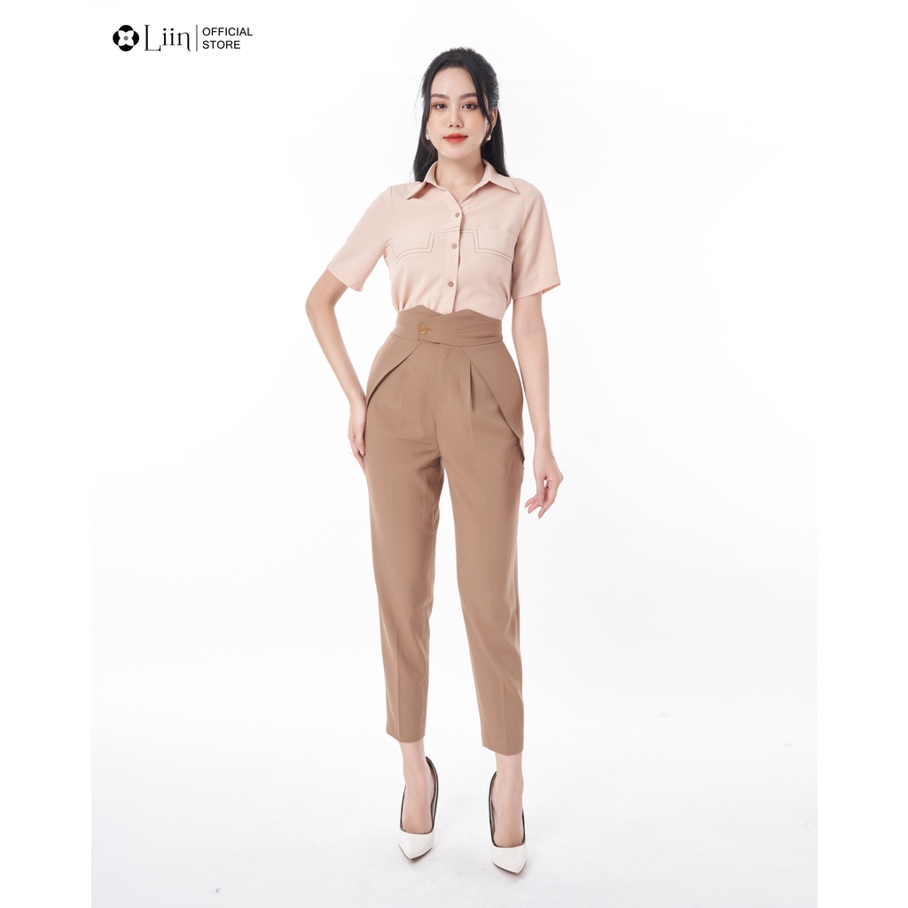 Quần baggy nữ linbi cách điệu cạp màu nâu mix cúc chéo trẻ trung, mặc tôn dáng liin clothing Q3453