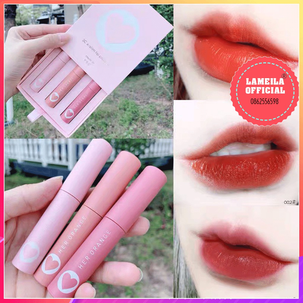 Set 3 Son Kem Lì HERORANGE trái tim Slim Lip Gloss Kit P0260