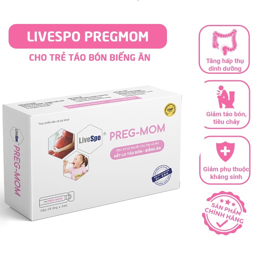 Men vi sinh cho mẹ và bé Livespo Pregmom giảm táo bón tiêu chảy rối loạn tiêu hóa.Hộp 20 ống suckhoechomoinha