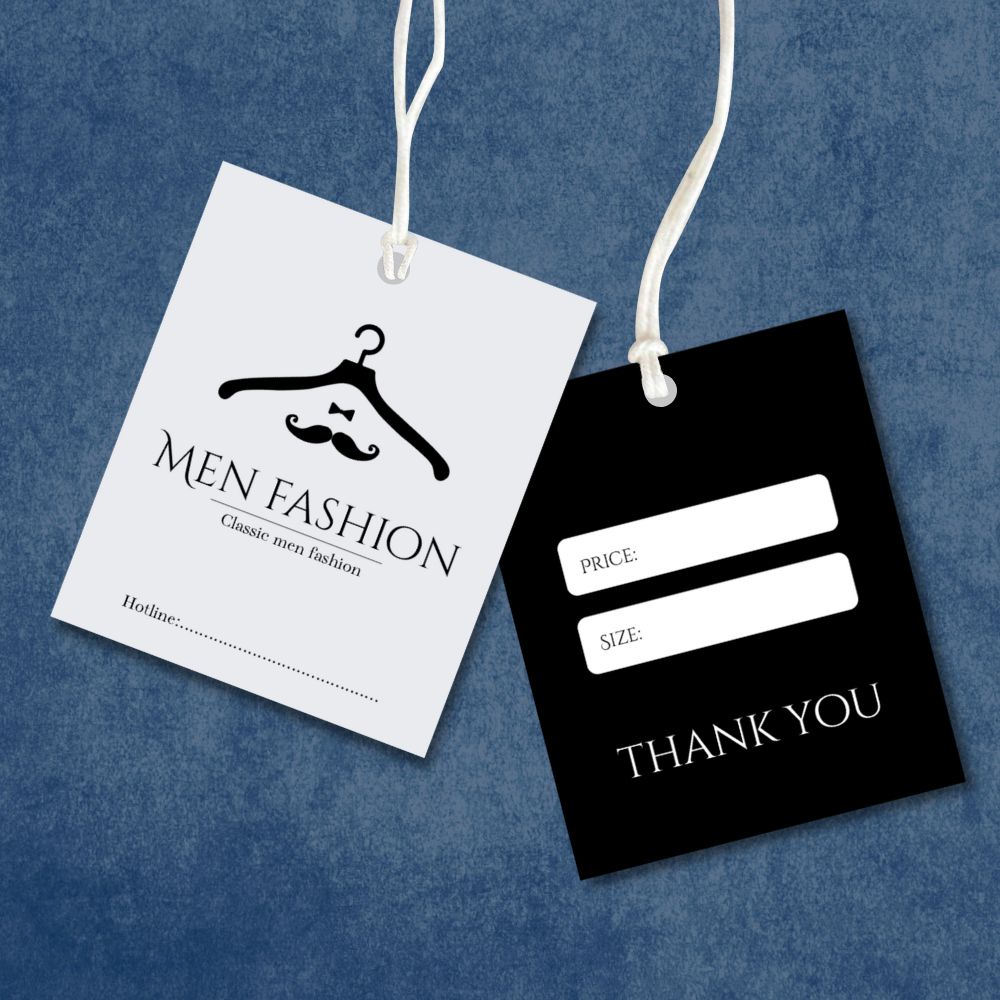 100 cái Tag Quần Áo, Mác Treo Quần Áo, Thẻ Treo Thời Trang nam, Men fashion, Size 4x5.4cm Có Đục Lỗ , Chất Liệu C300