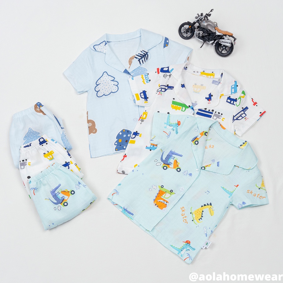 Pijama bé trai ngắn tay vải xô cotton Áo Lá Homewear A051, bộ cộc tay bé trai hình xe khủng long quần đùi