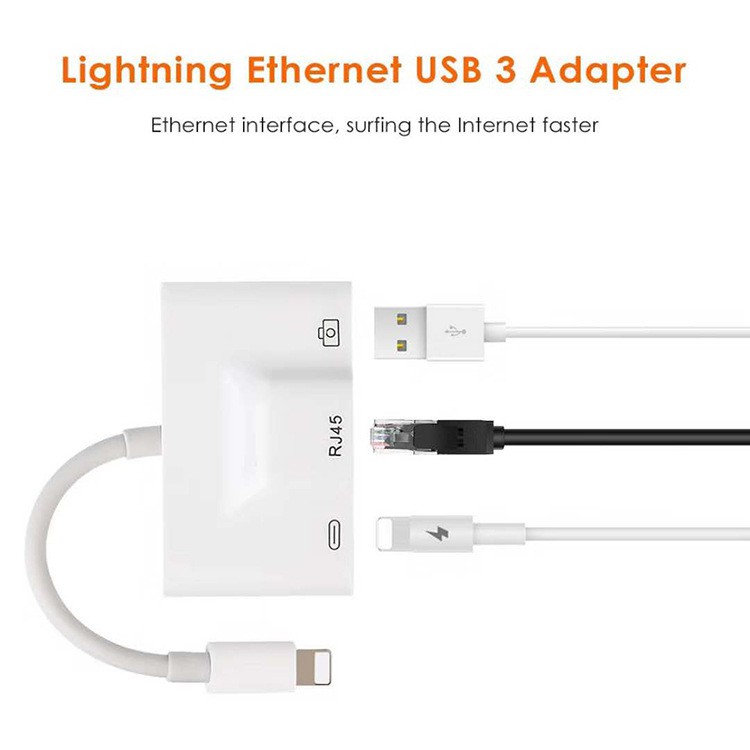 Cáp sạc chuyển cổng cắm lightning thảnh 3 cổng lightning + RJ45 + USB tiện dụng