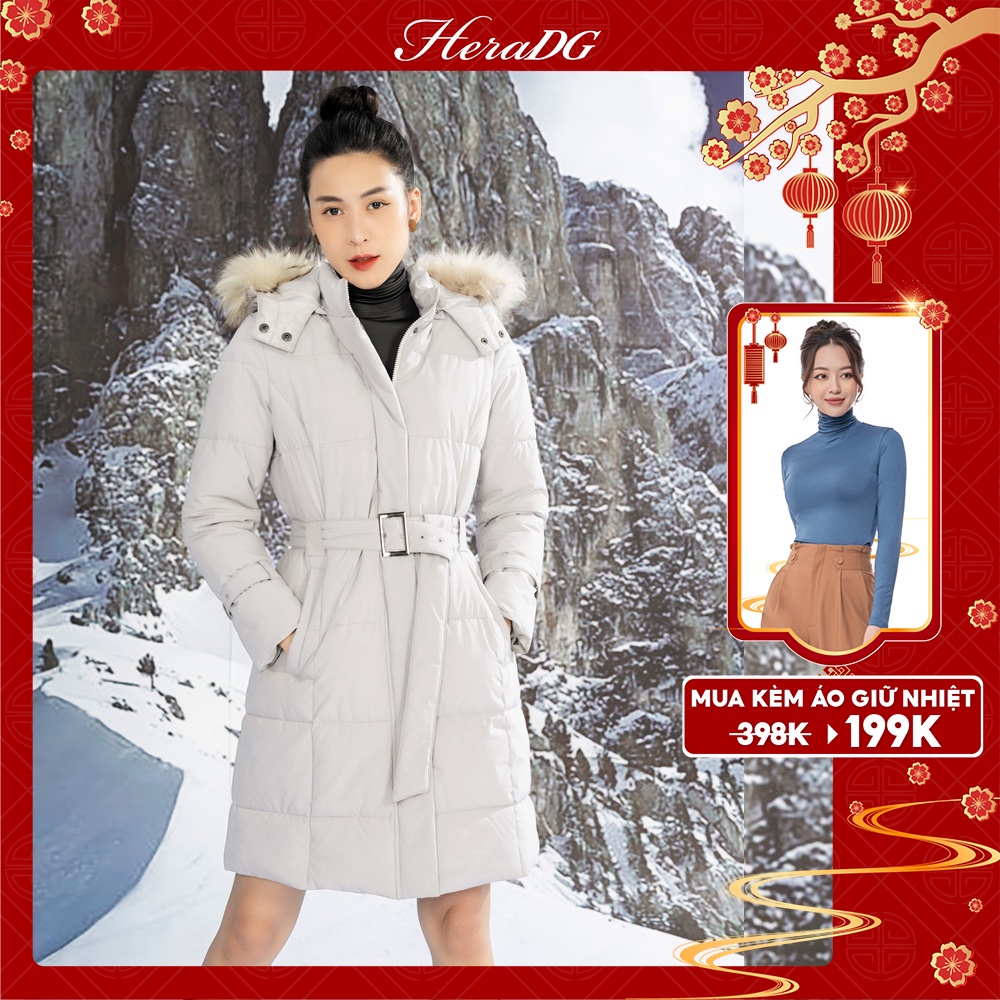 Áo khoác phao nữ cao cấp dáng dài HeraDG túi chéo mũ lông và đai eo tháo rời vải gió chống nước chống bám bụi WJKBB6024 | BigBuy360 - bigbuy360.vn