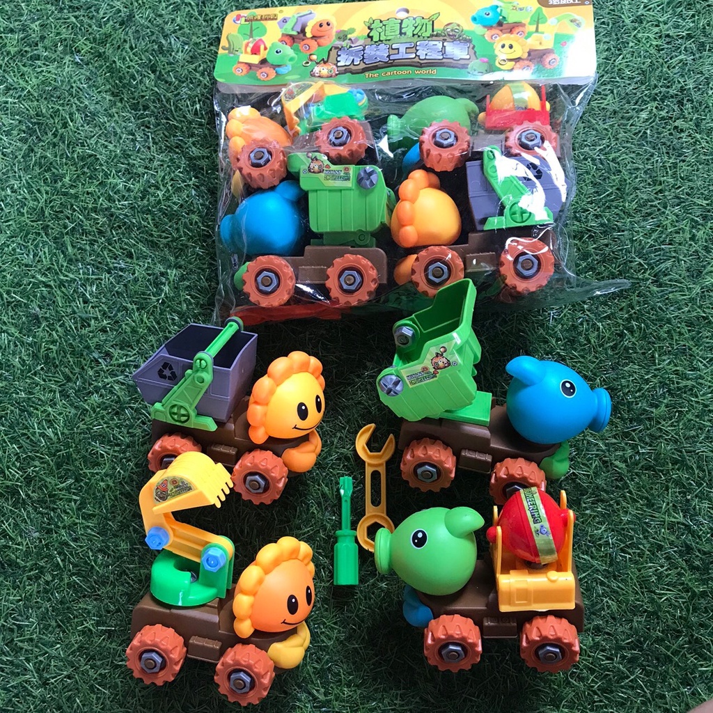 Túi 4 xe Zombie &amp; Plants công trường kèm 2 dụng cụ tháo lắp bằng nhựa cao cấp - Smart Baby
