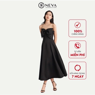 Đầm dạ hội đen đính nơ ngực NEVA C450007