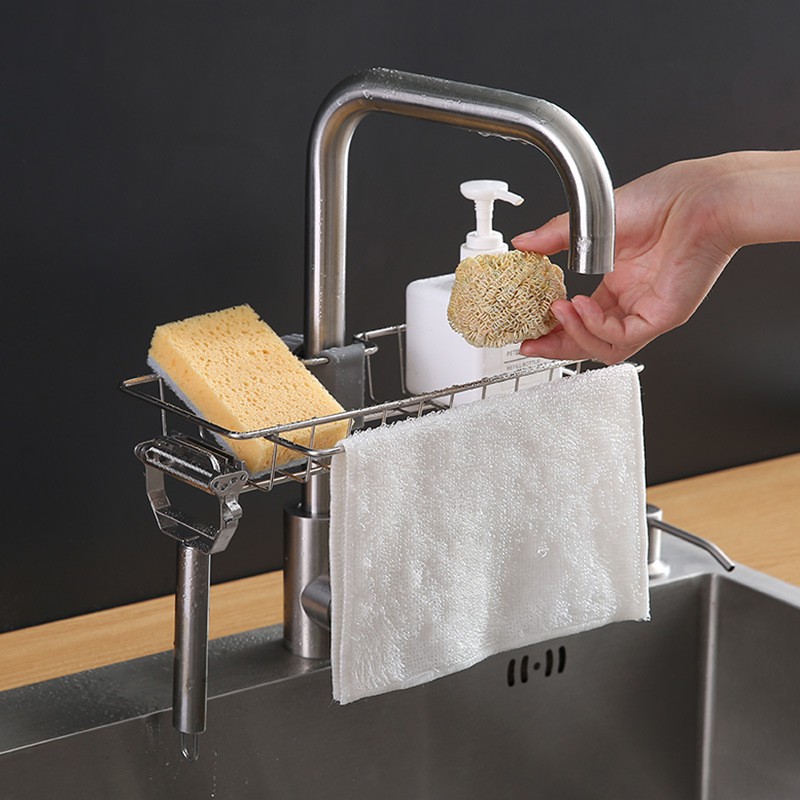 Giá Inox Gắn Vòi Nước Bồn Rửa Chén Đựng Mút Rửa Chén Tiện Dụng