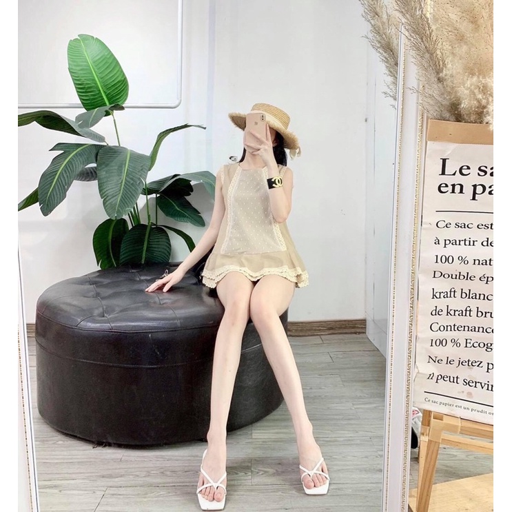 Sét cộc viền ren sát nách, áo viền ren mix quần sooc, bộ đồ cọc tiểu thư