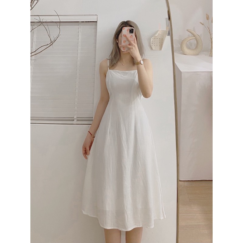 Váy hai dây dáng dài, Đầm hai dây chất đũi mịn hai lớp, dáng suông dài qua đầu gối, kiểu đẹp, phong cách Hàn Quốc