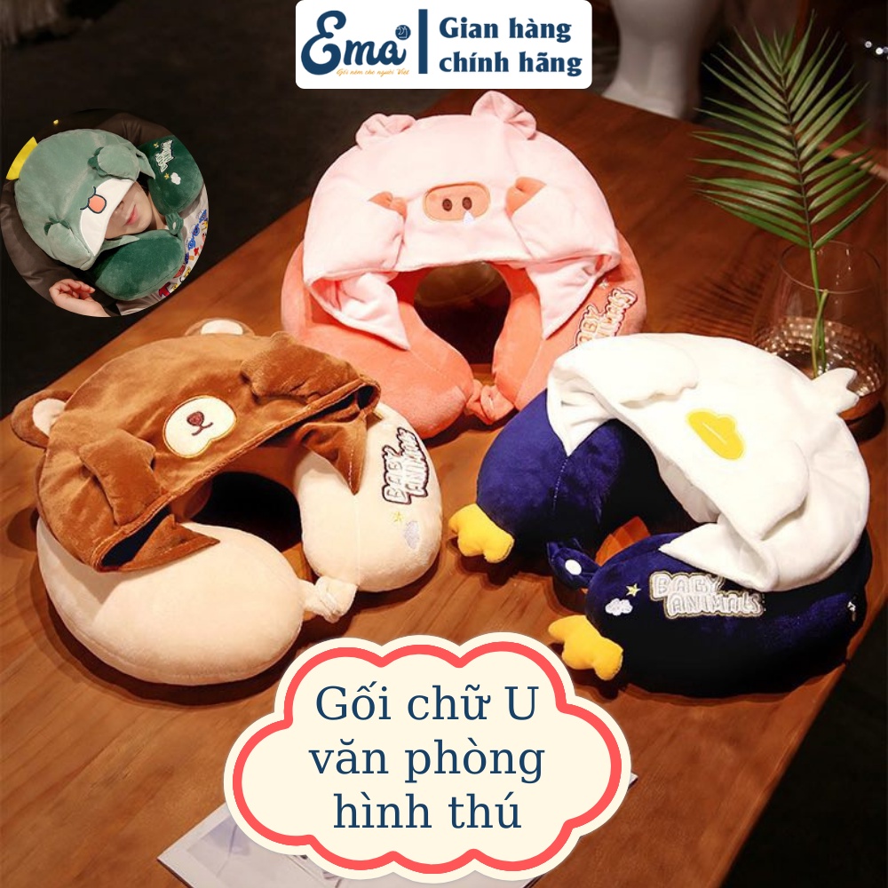 Gối chữ U văn phòng hình thú Ema thế hệ mới, Gối đeo cổ có mũ dễ thương cao cấp kích thước 32x32cm
