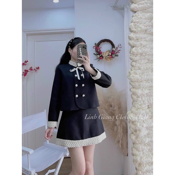 SET VÁY/SET DẠ ĐEN NƠ CỔ PHA VIỀN REN CV CHỮ A SANG CHẢNH