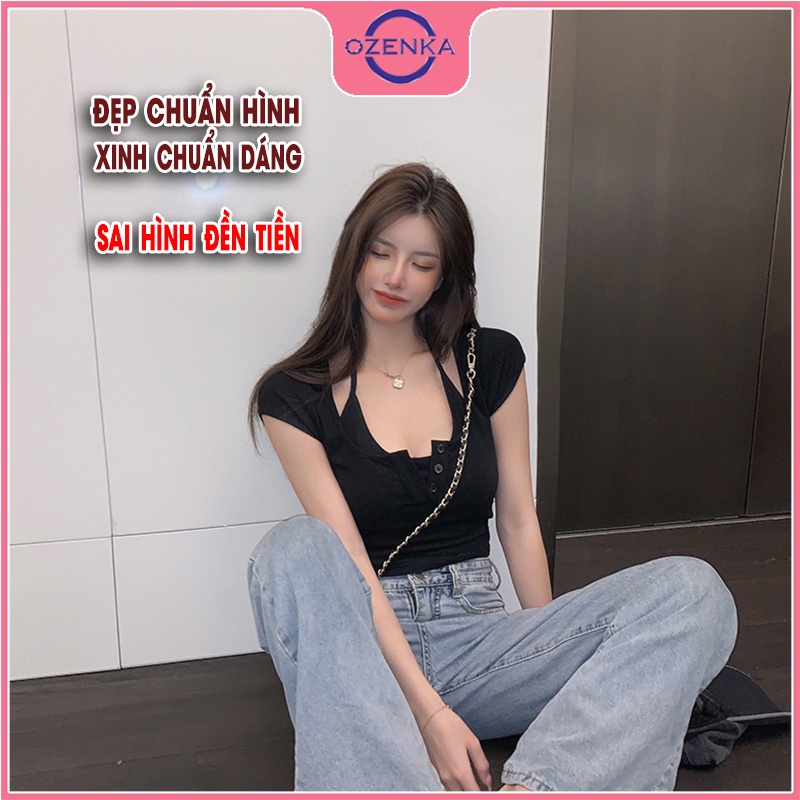 Áo croptop nữ kiểu hàn quốc cổ yếm 2 lớp OZENKA , áo phông crt ôm body cài khuy cotton 100% màu đen trắng dưới 55 kg