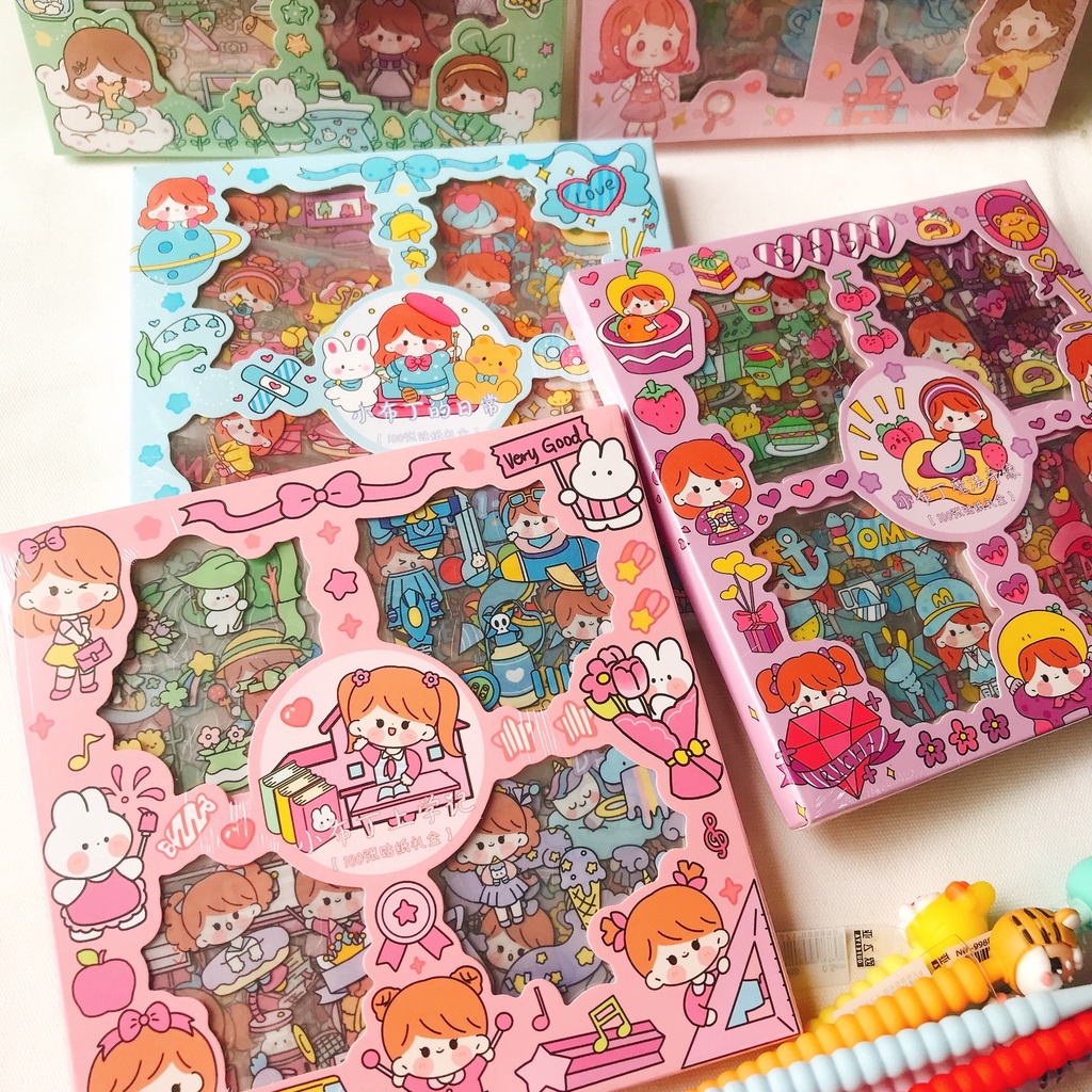 Hộp 100 sticker gấu dâu cute, hình dán dễ thương