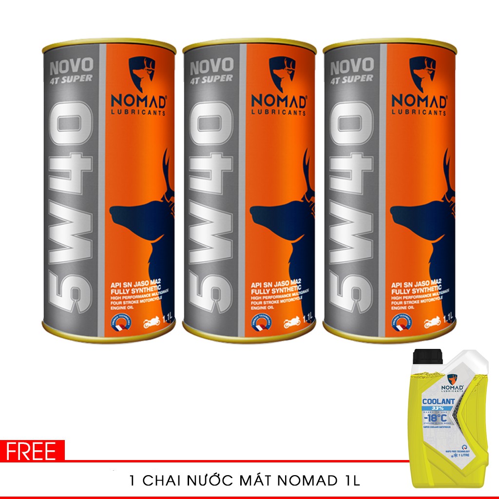 3 LON NHỚT NOMAD 1L - 1.1L - 1.3L TỔNG HỢP TOÀN PHẦN 100% SAE 5W40 - API SN - JASO MA2 TẶNG 1 CHAI NƯỚC MÁT 1L