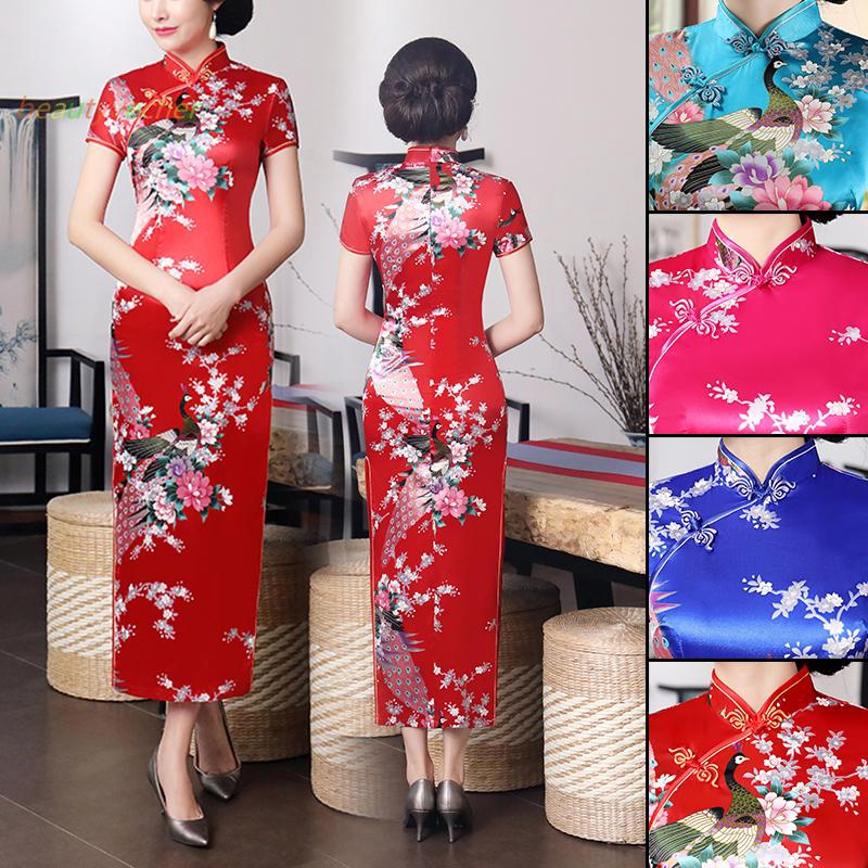 Sườn xám lụa satin in hình chim sếu phong cách vintage