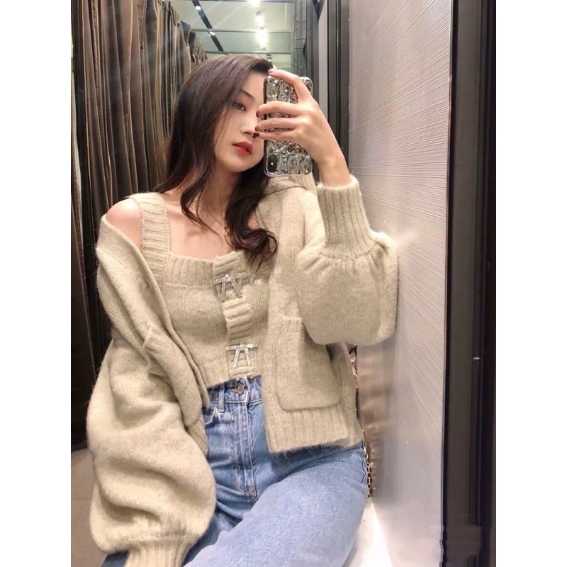 Set áo khoác len cardigan croptop tay bồng + áo 2 dây bản to cổ vuông đính nơ đá ZR Ulzzang siêu đẹp ❤️