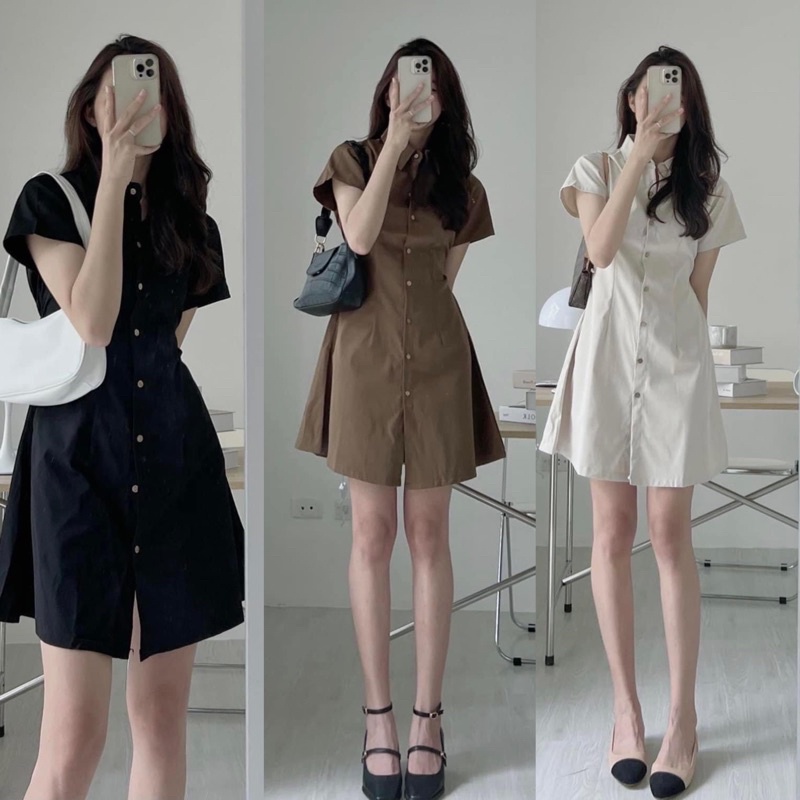 [Ảnh thật/Video]Đầm sơ mi cúc gỗ gái Hàn Váy vintage thiết kế tay áo vát trẻ trung năng động