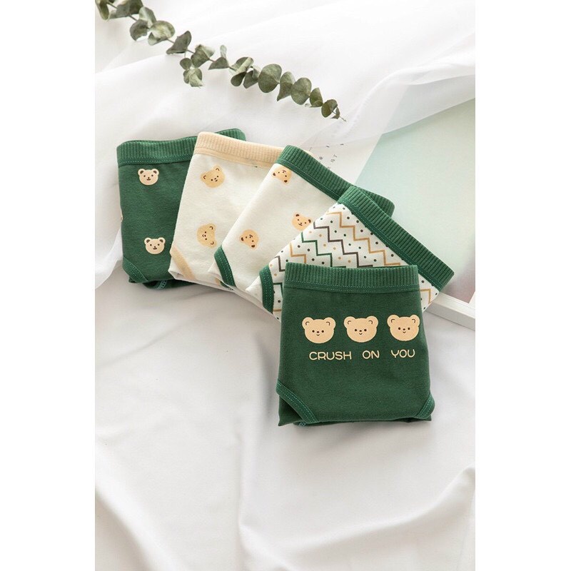 Set 5 Quần Lót Gấu Xanh Lá Cây Chất Liệu Cotton Thoáng Mát Họa Tiết Gấu Siêu Cute Dành Cho Bạn Nữ