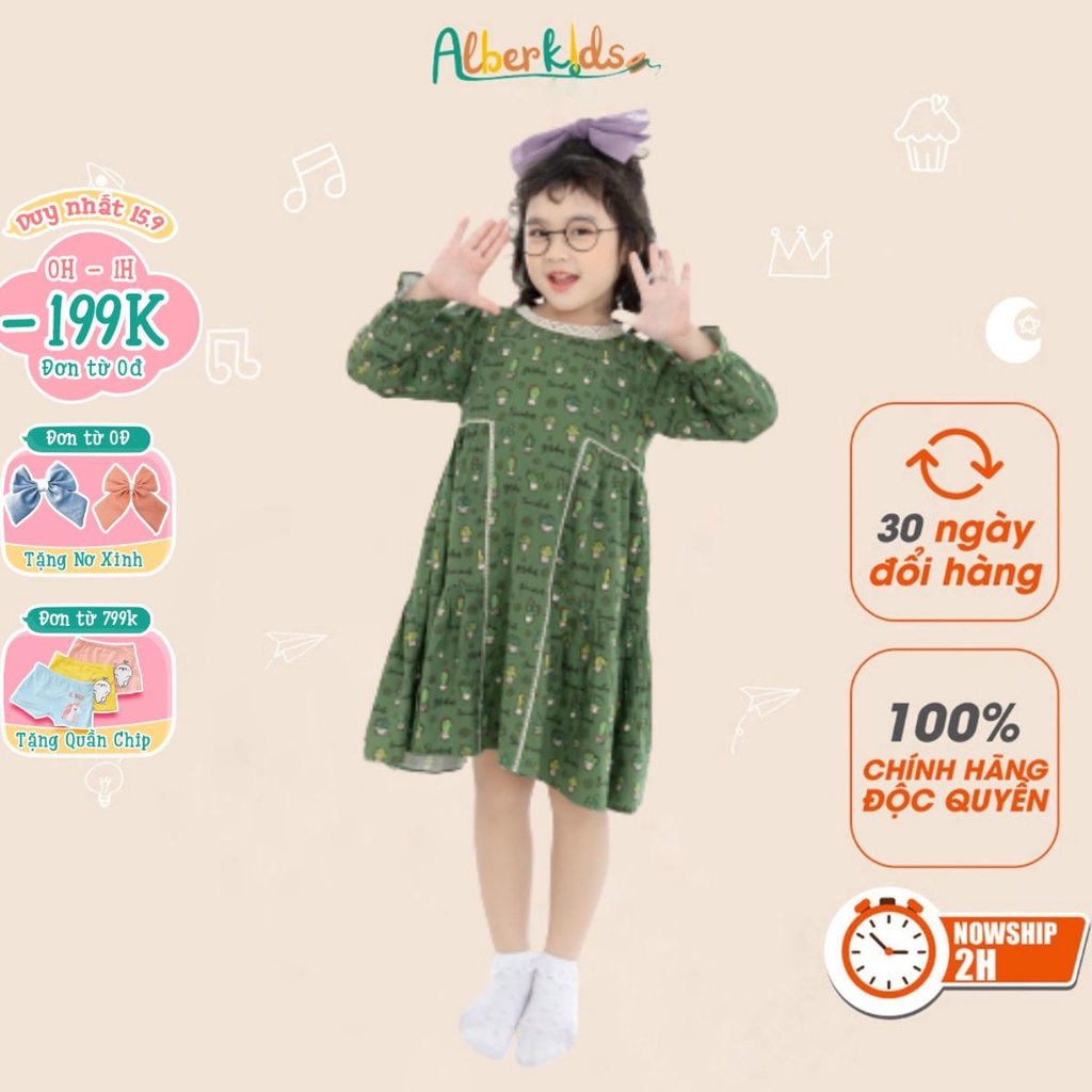 Váy bé gái ALBERKIDS dài tay Lisa xanh rêu phối hoạ tiết công chúa cho trẻ em từ 2,3,4,5,6,7,8,9,10,11,12 tuổi [V38]