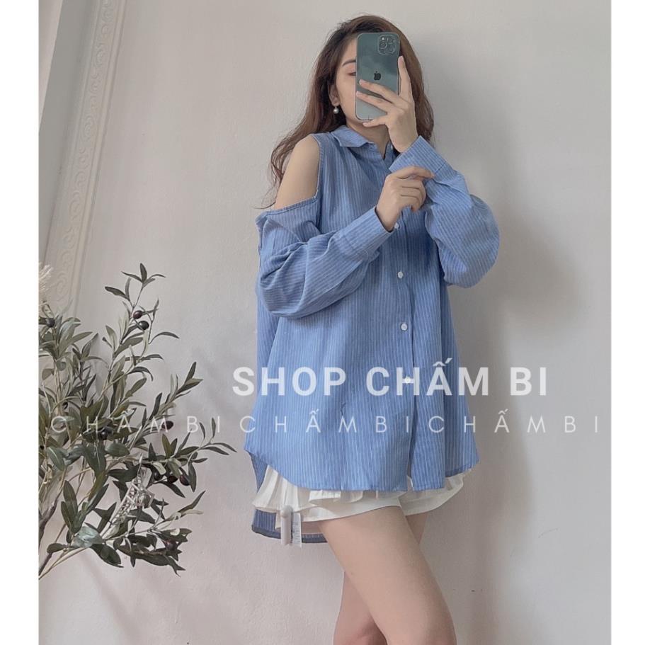 Áo sơ mi nữ form rộng A.245, Áo kiểu Hàn Quốc dài tay sọc dọc khoét vai 3 màu cực xinh