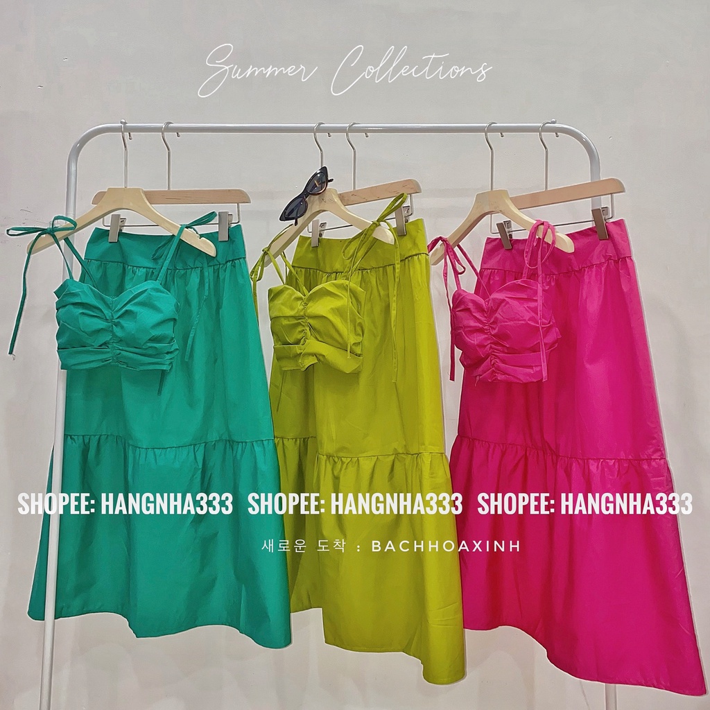 NEW ARRIVAL || Set Áo croptop nhún ngực cột dây Chân váy xòe khóa lưng form maxi đi biển Ulzzang nhiều màu