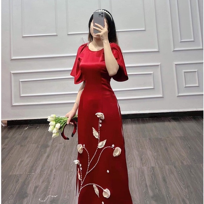 Áo Dài cách tân vải gấm tatta đỏ + vàng , áo dài vai bồng thêu hoa nổi  nhẹ nhàng