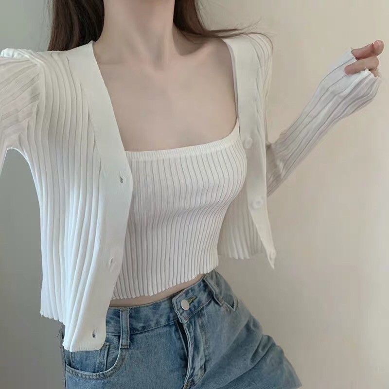 Set áo len hai dây + khoác cardigan thời trang thu đông ulzzang hàn quốc T2B3