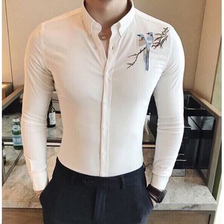 Áo sơ mi nam cổ bẻ màu trắng thêu ms30