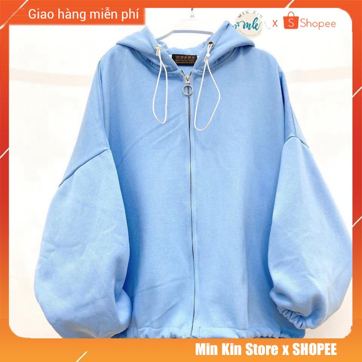 Áo khoác hoodie zip trơn nỉ nữ có dây kéo như hình