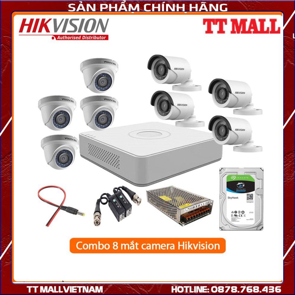 {Giá hủy diệt} Trọn Bộ 8 Camera Quan Sát Hikvision 2.0 megapixel Full HD 1080P kèm HDD 500G và full phụ kiện lắp đặt